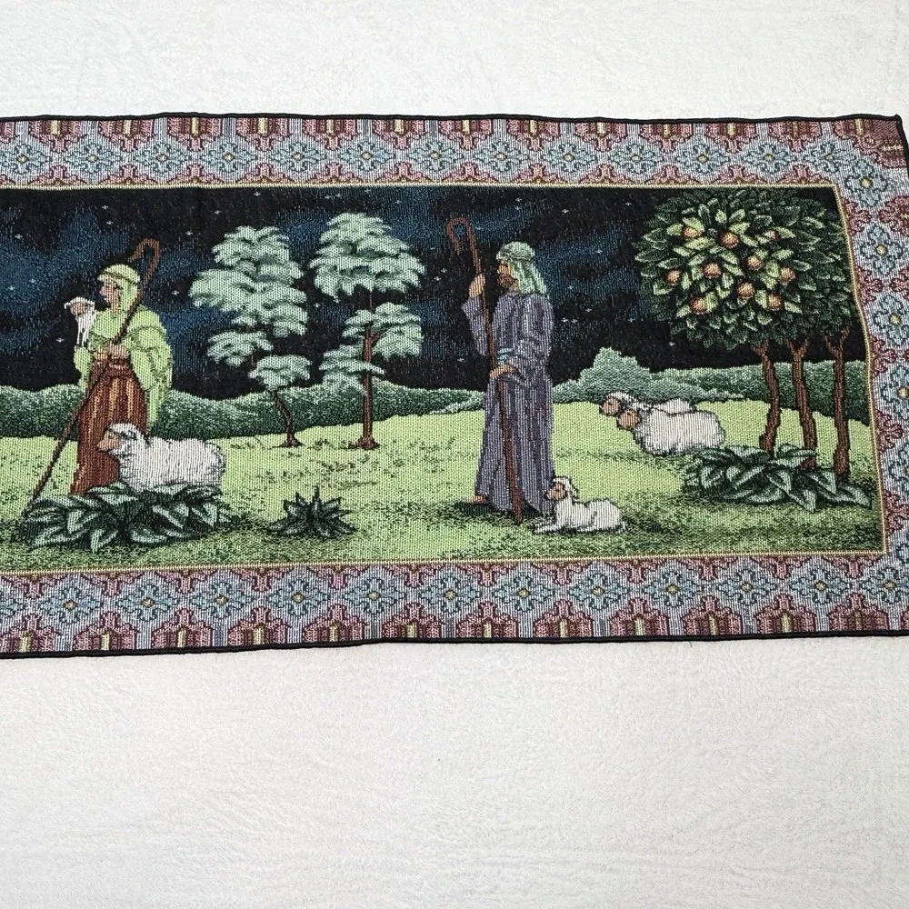 Vintage Christmas Nativity Table Runner 13x72 Woven Tapestry USA Manger Scene